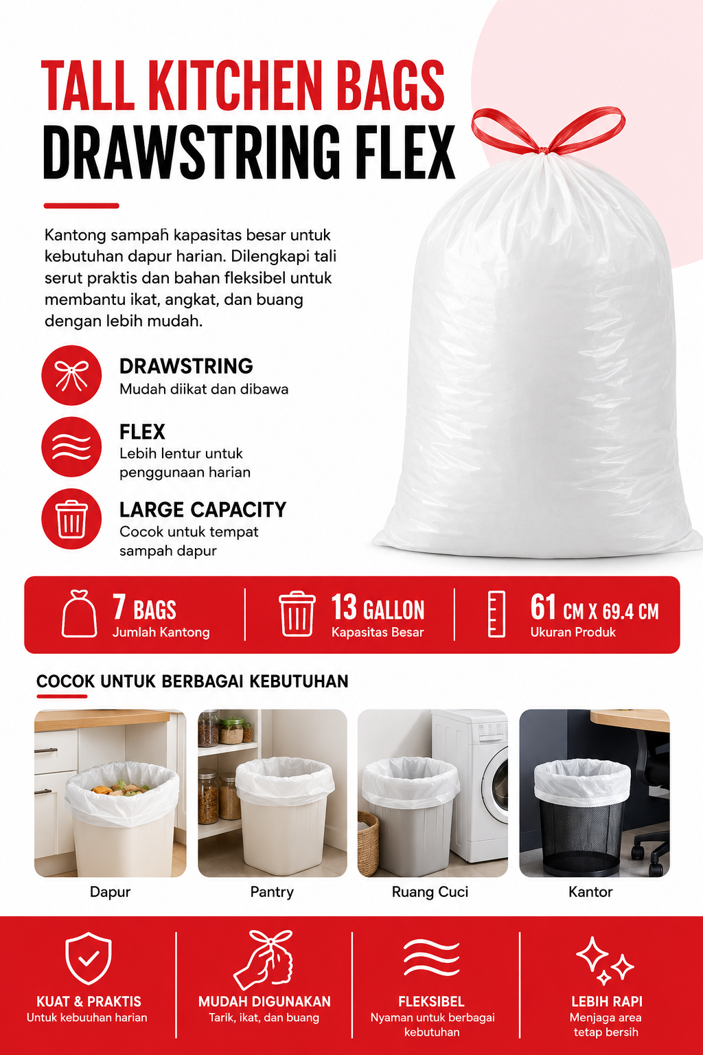 Tall Kitchen Trash Bags Drawstring Flex 13 Gallon – Isi 7 Bags