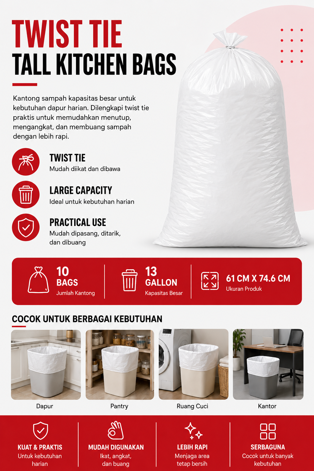 Tall Kitchen Bags Twist Tie 13 Gallon – Isi 10 Bags