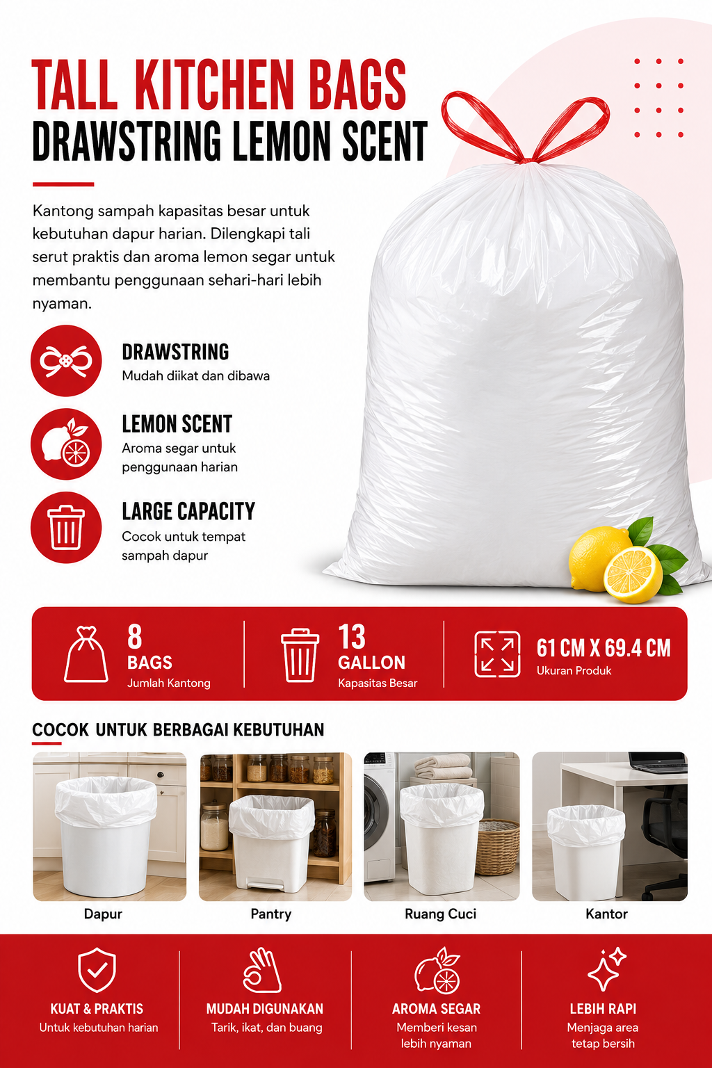 Tall Kitchen Bags Drawstring Lemon Scent 13 Gallon – Isi 8 Bags