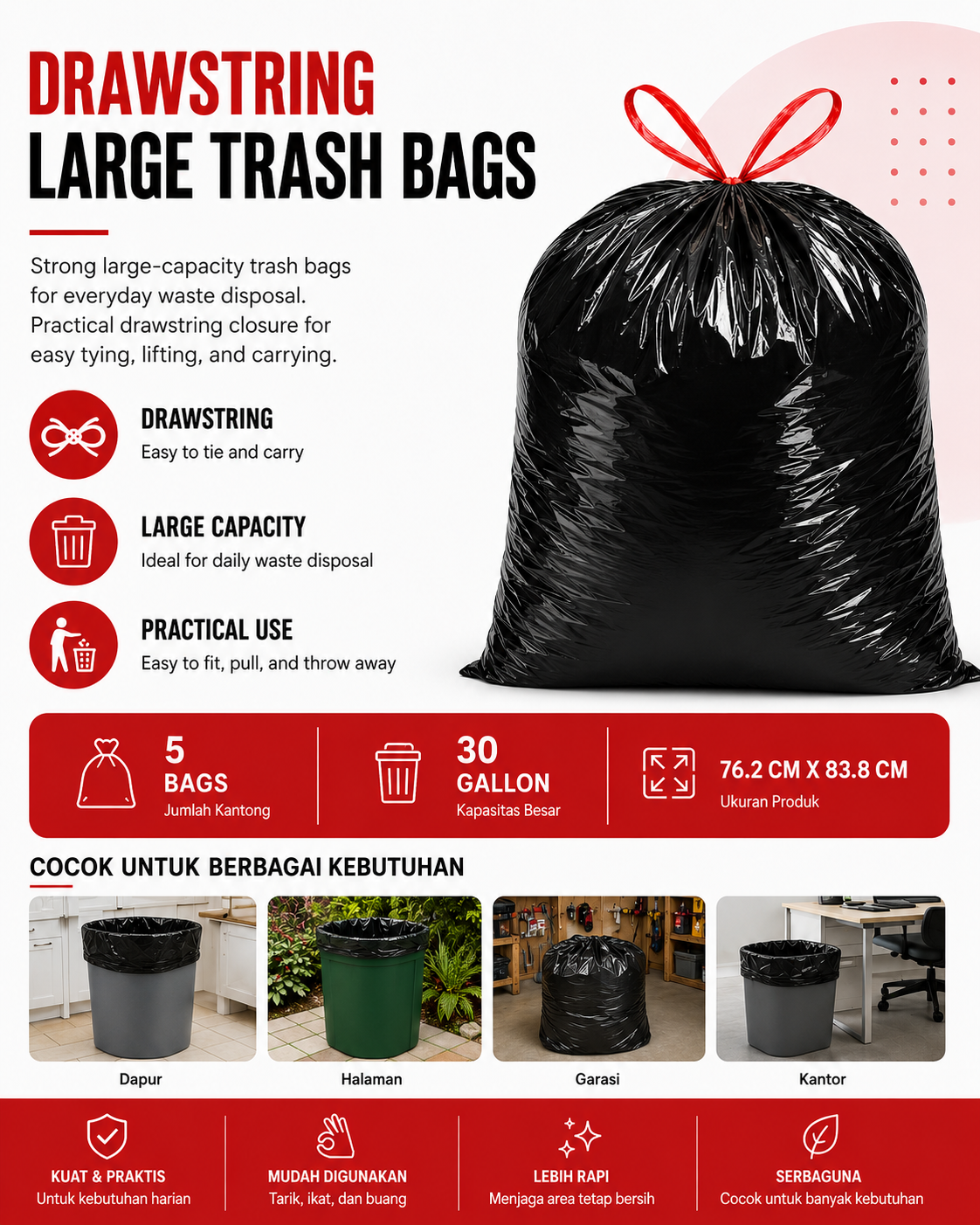Kantong Sampah Plastik Hitam Ukuran 76 × 84.5 CM ( 1 PACK Isi 5 PCS )