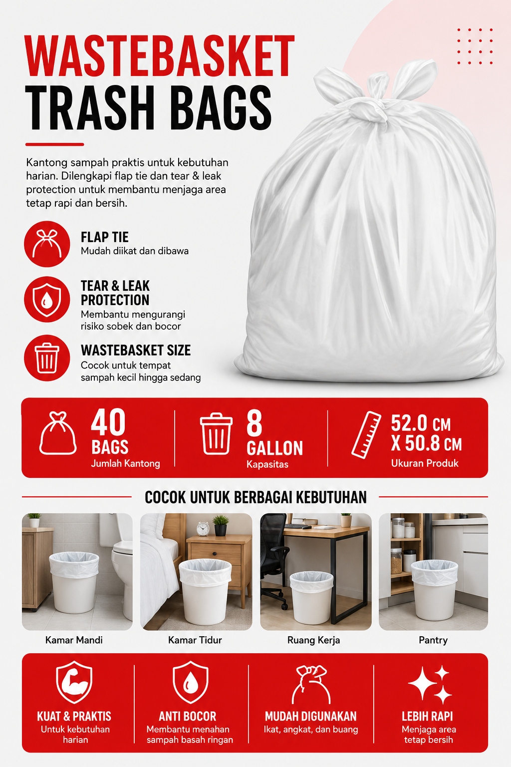 Waste Basket Trash Bags Flap Tie 8 Gallon – Isi 40 Bags
