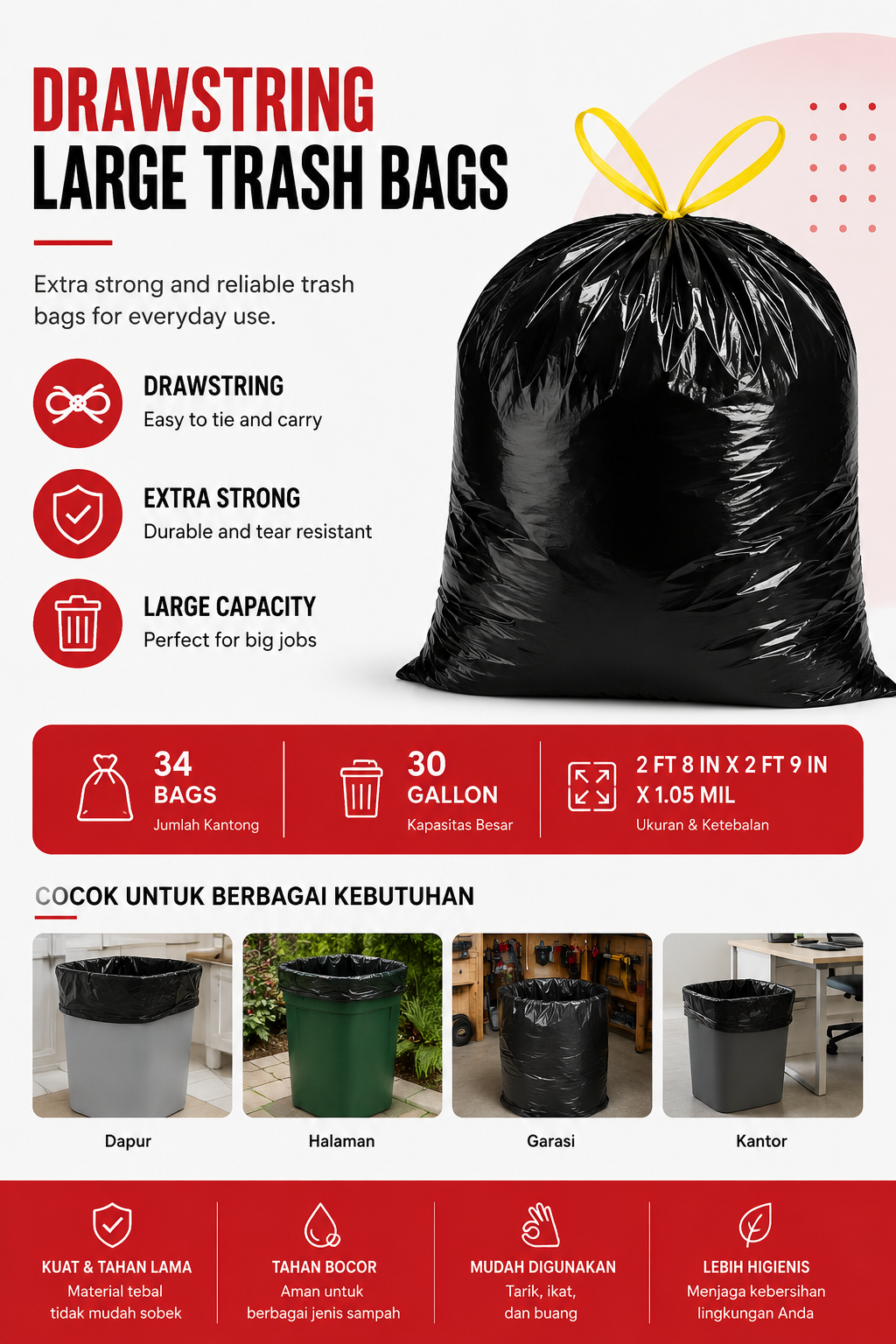 Drawstring Large Trash Bags Extra Strong 30 Gallon – Isi 34 Bags