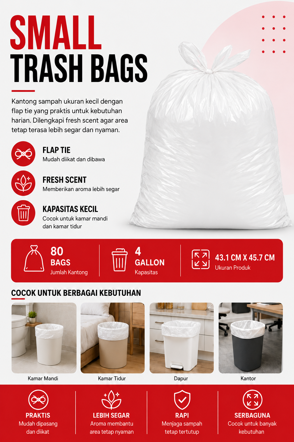 Small Trash Bags Flap Tie Fresh Scent 4 Gallon – Isi 80 Bags