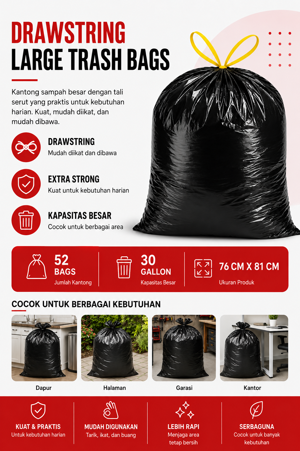 Drawstring Large Trash Bags Extra Strong Value Pack 30 Gallon – Isi 52 Bags