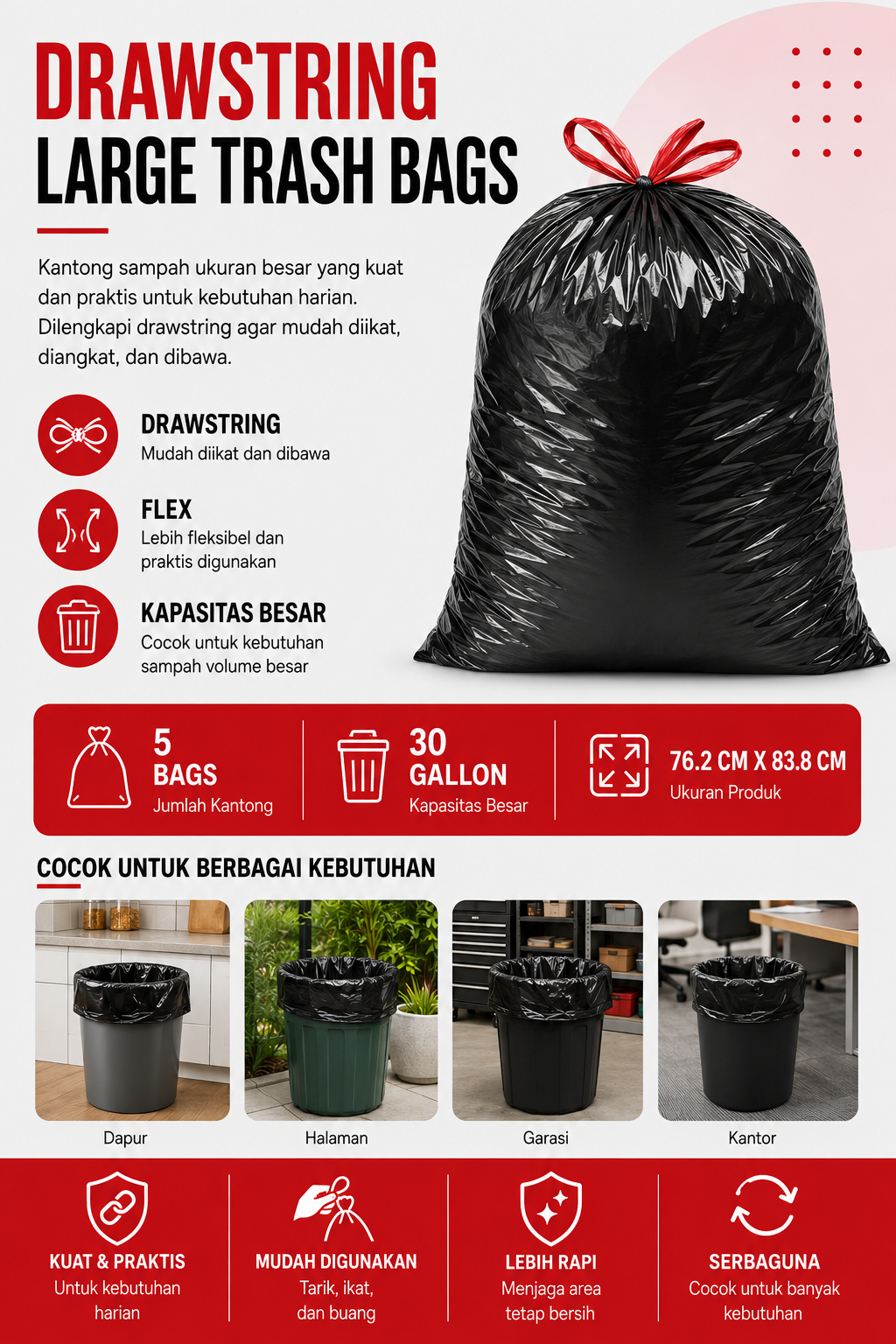 Large Trash Bags Drawstring Flex 30 Gallon – Isi 5 Bags