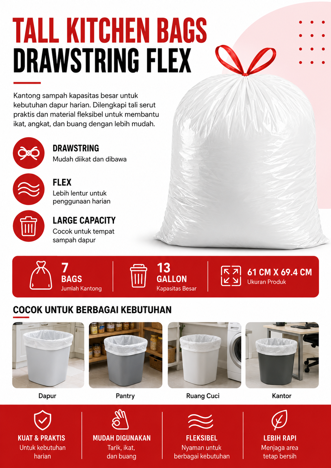 Tall Kitchen Bags Drawstring Flex 13 Gallon – Isi 7 Bags