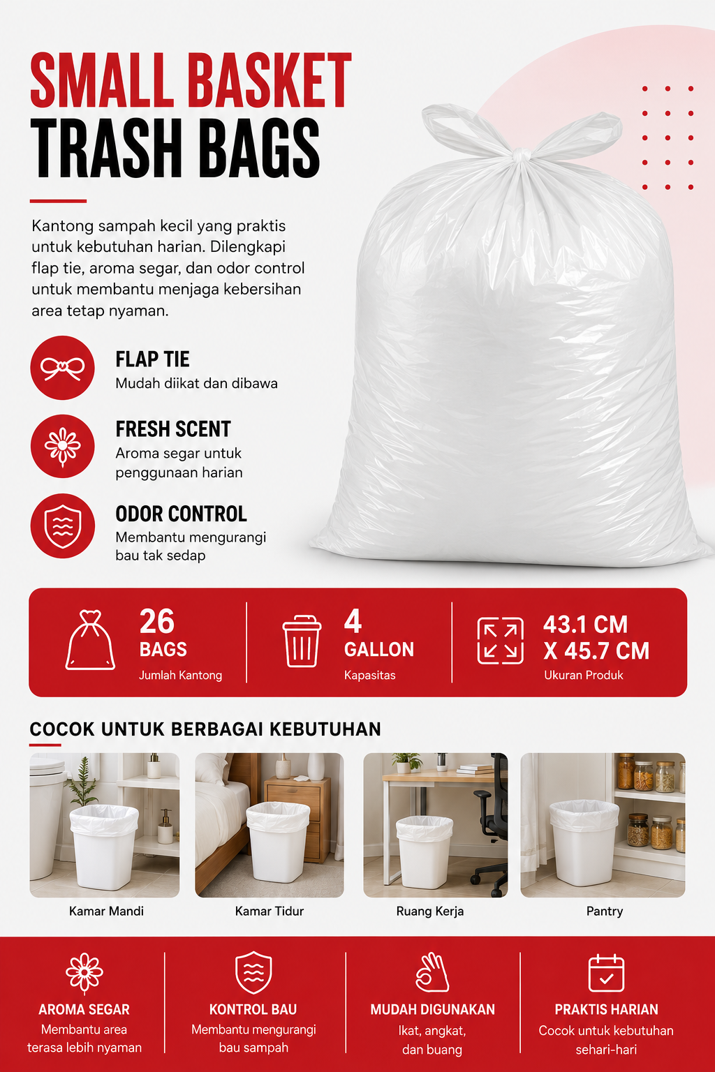 Small Basket Trash Bags Flap Tie Fresh Scent 4 Gallon – Isi 26 Bags