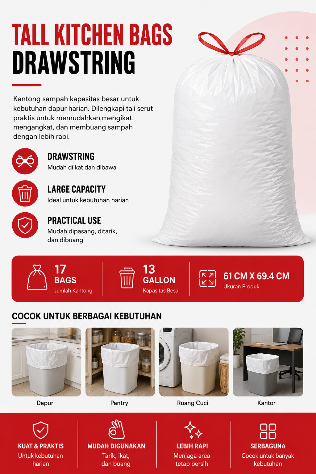 Tall Kitchen Bags Drawstring 13 Gallon – Isi 17 Bags