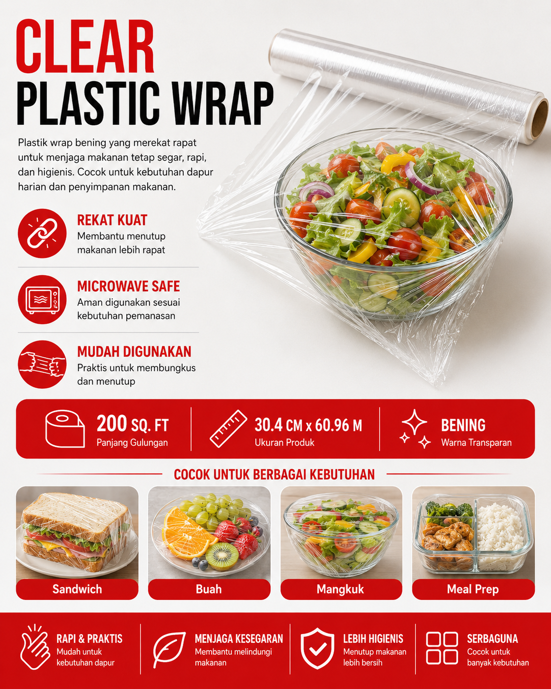 Clear Plastic Wrap 200 Sq Ft – Microwave Safe