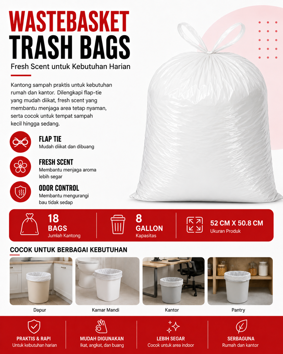Kantong Sampah Wastebasket Trash Bags Fresh Scent 8 Gallon – Isi 18 Bags